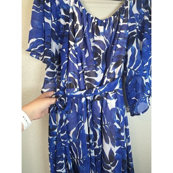 Une Ame Blue Floral Boho Bell Sleeve Off The Shoulder Maxi Dress Large Womens - Picture 3 of 6